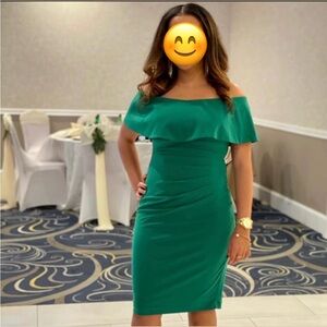 Xscape Green Off-Shoulder Flutter Sleeve Midi Dress